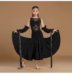 Girls black lace ballroom dance dresses kids waltz tango dancing long skirts modern dance costumes for children